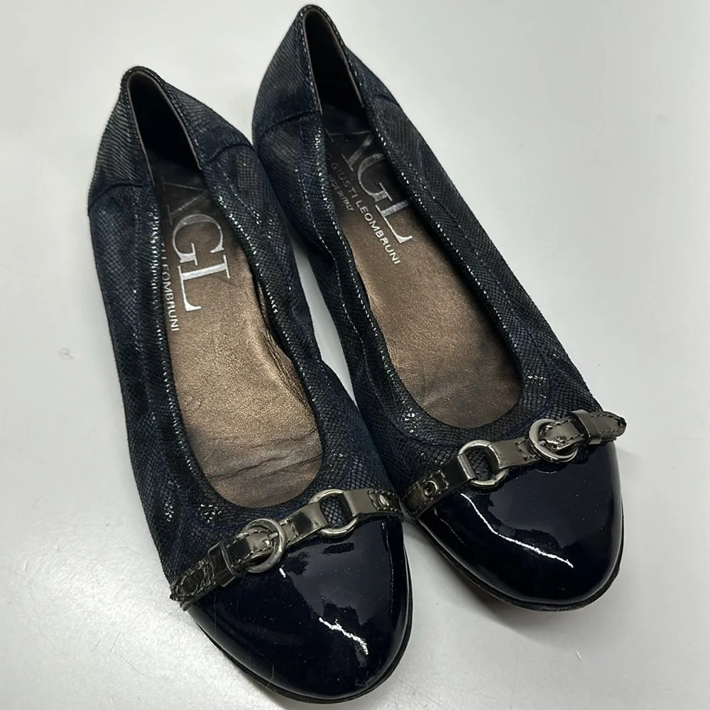 Agl Monika Ballet Flats Shoes Cap Top Buckle Perforated Leather Blue Size 38 8